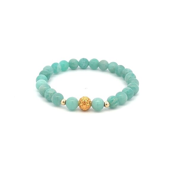 18K Gold Money Ball Lucky Charm Beads Bracelet Gemstones Amazonite Peru 6mm